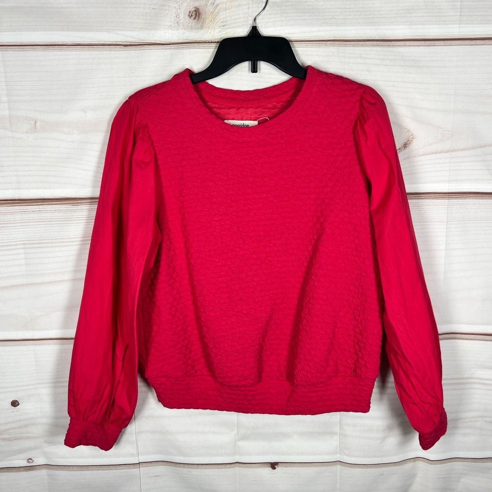 Porridge Top Womens Small Orange Textured Knit Blouse Puff Sleeve Pullover Solid